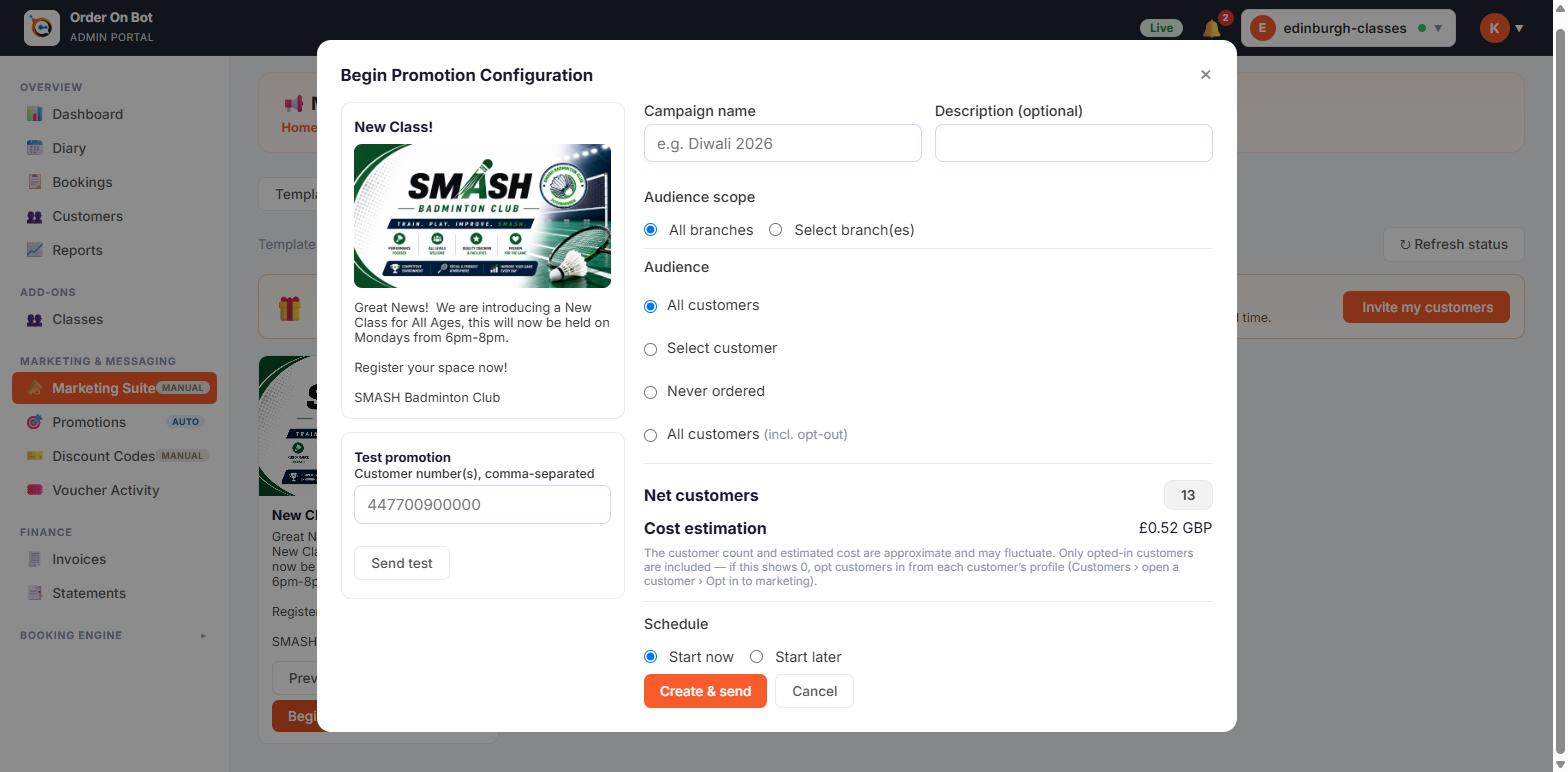 Order On Bot campaign composer &mdash; target an audience and send a WhatsApp broadcast.