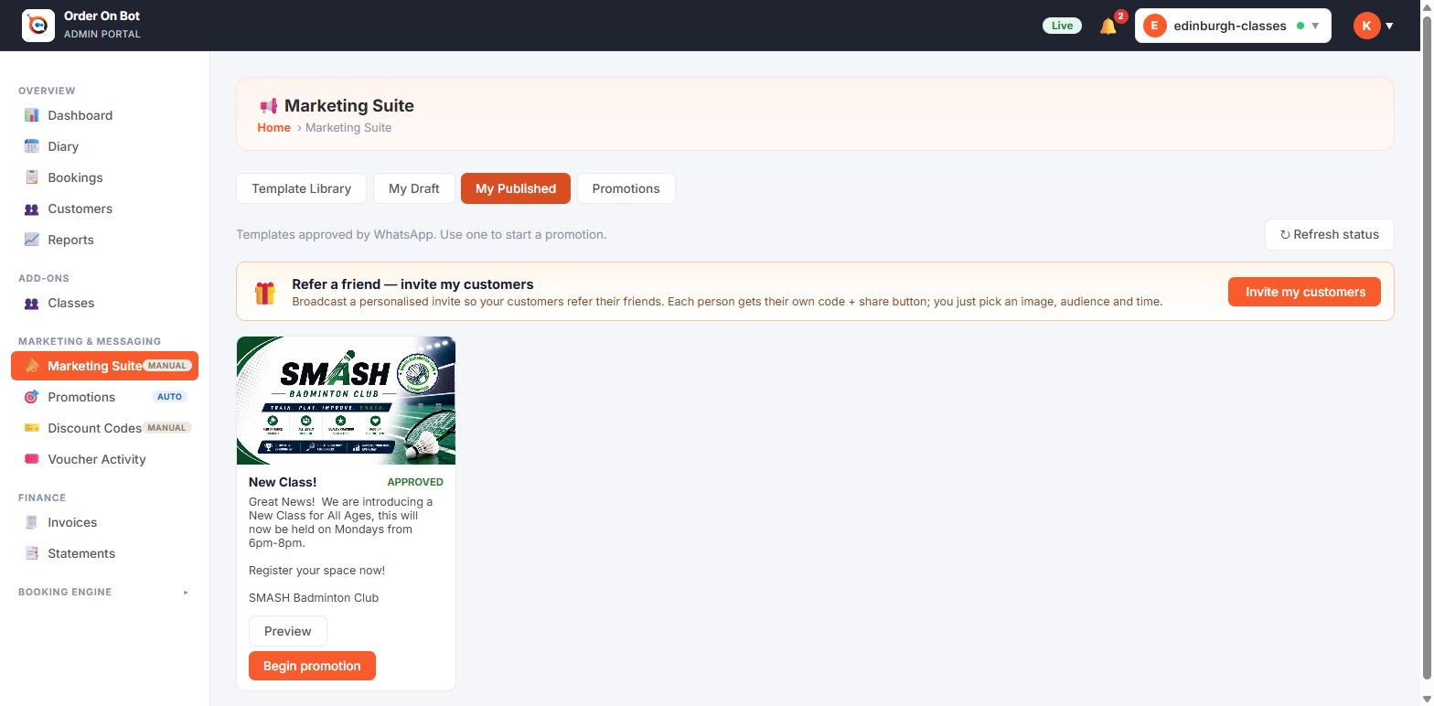 Order On Bot &mdash; launch a campaign or invite customers to refer friends.