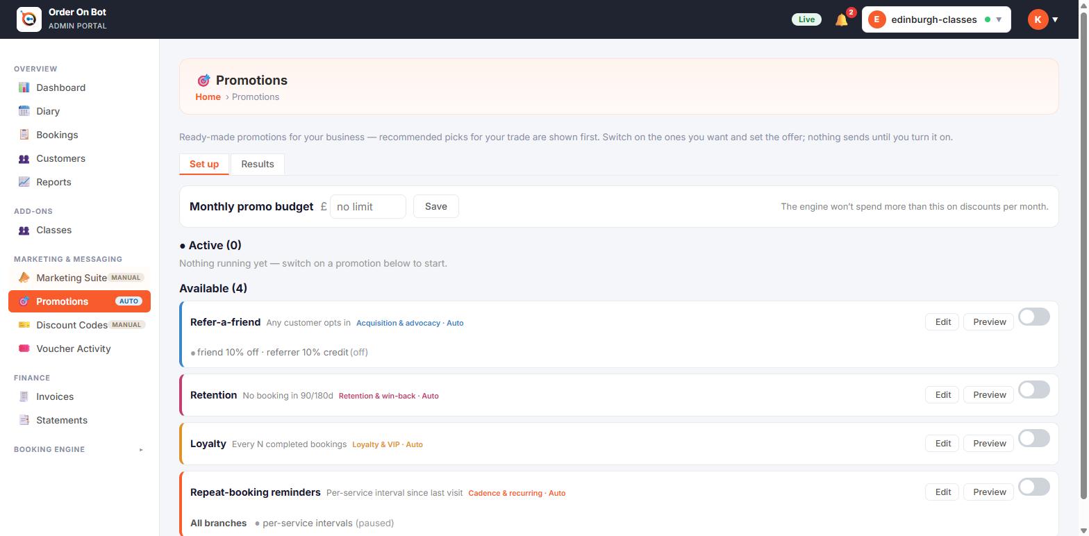 Order On Bot Promotion Engine &mdash; switch on automated retention and loyalty plays.