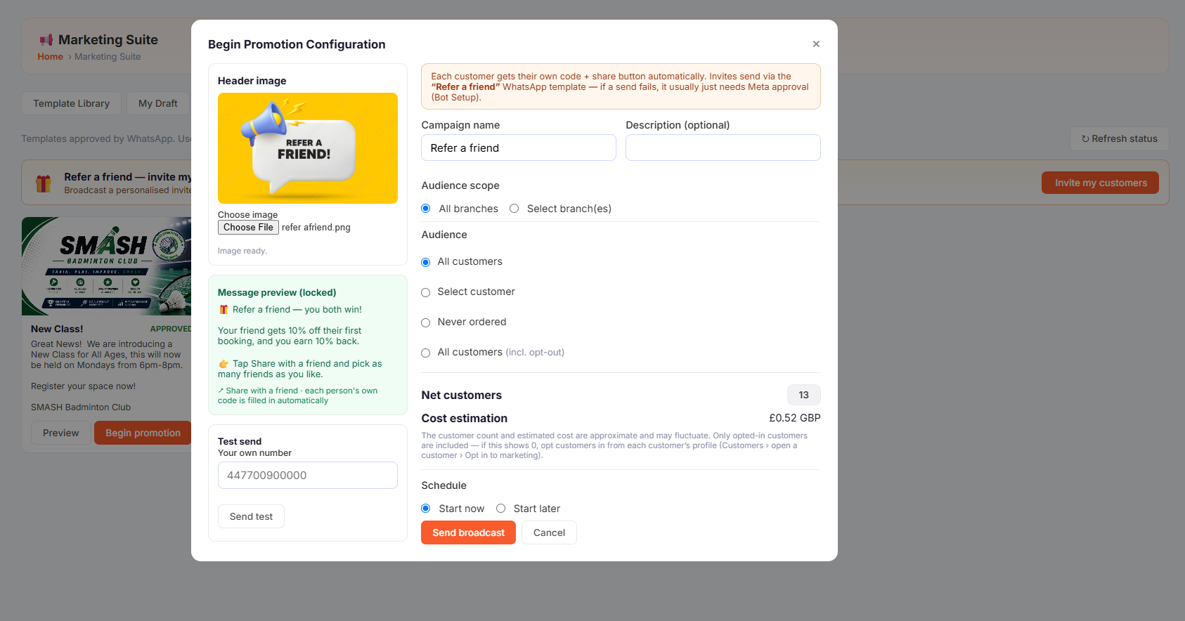 Refer a Friend promotion setup &mdash; each customer gets their own code and share button.