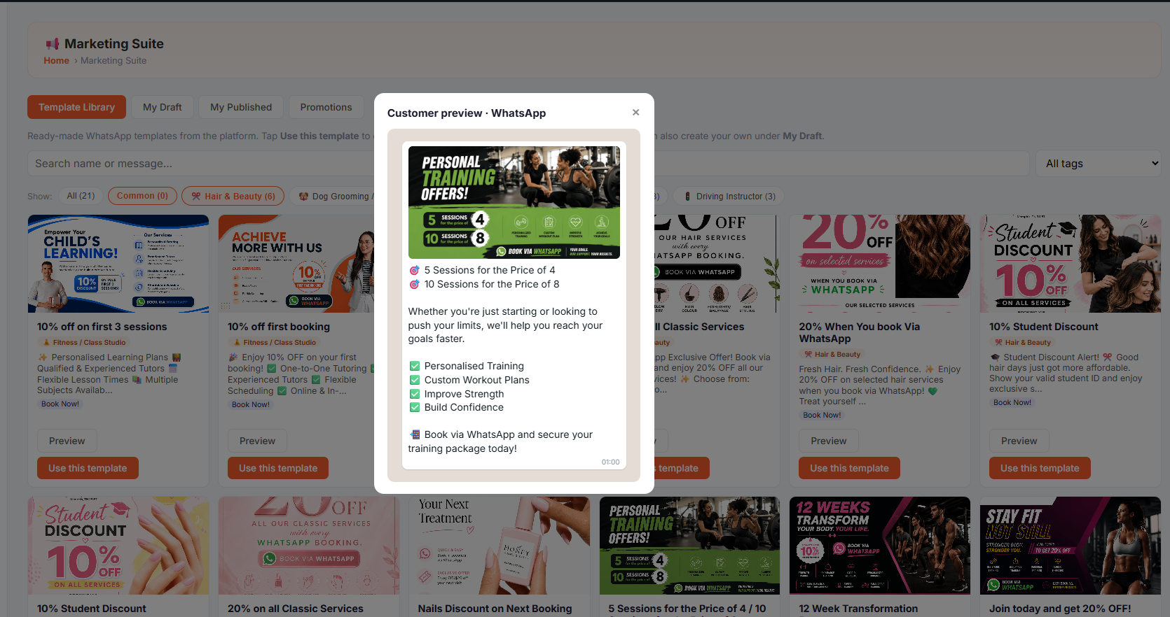Marketing Suite template library &mdash; ready-made WhatsApp templates to use and send.