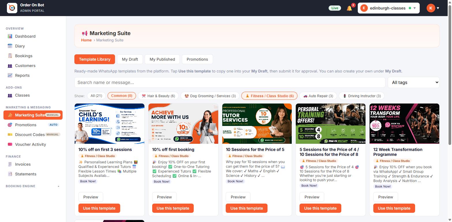 Order On Bot template library &mdash; ready-made WhatsApp marketing templates by sector.
